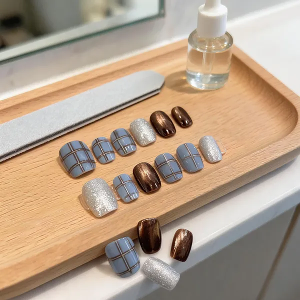 Plaid_Press_On_Nails_Brown_Silver_Glitter