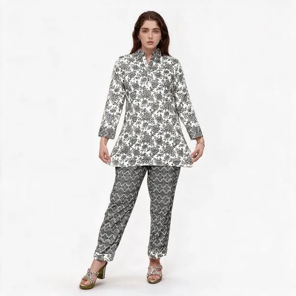 White_And_White_Floral_Print_Co-Ord_Set_With_Mandarin_Collar