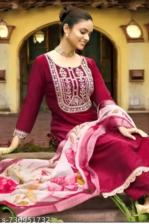 Burgundy_Straight_Kurta_Set_With_Floral_Dupatta_for_Women