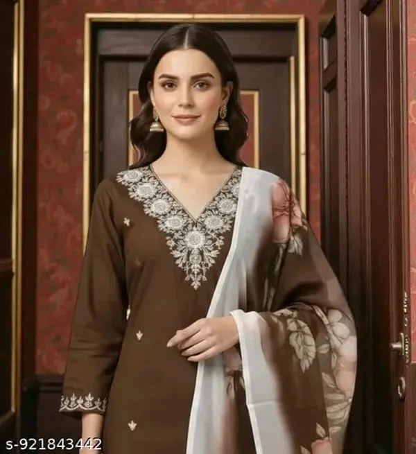 Brown_Floral_Straight_Kurta_Set_for_Women