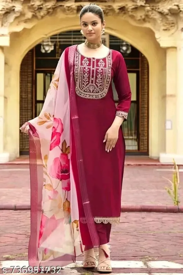 Burgundy_Straight_Kurta_Set_With_Floral_Dupatta_for_Women