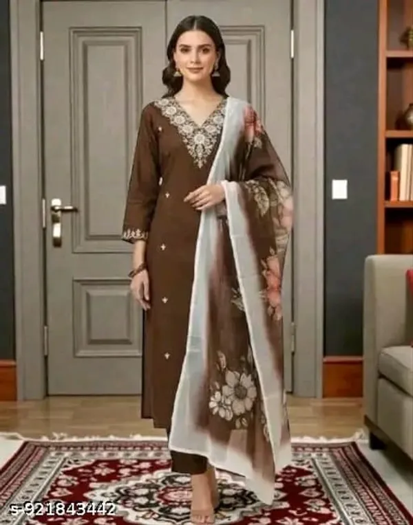 Brown_Floral_Straight_Kurta_Set_for_Women