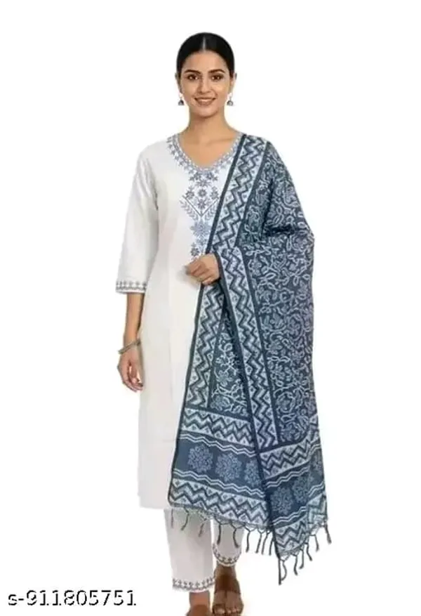 White_Embroidered_Kurta_Pant_Set_With_Blue_Dupatta_for_Women