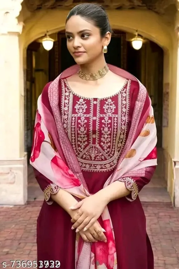 Burgundy_Straight_Kurta_Set_With_Floral_Dupatta_for_Women