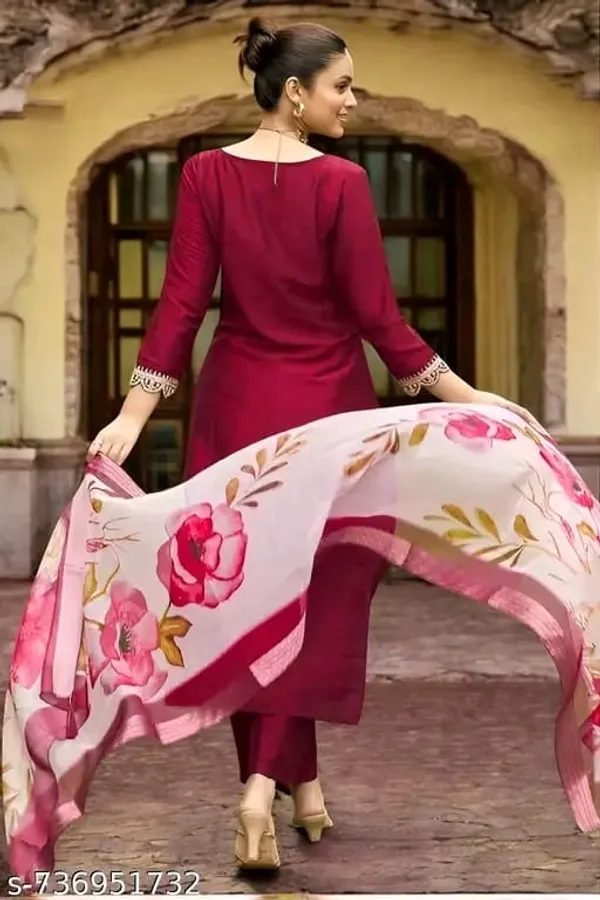 Burgundy_Straight_Kurta_Set_With_Floral_Dupatta_for_Women