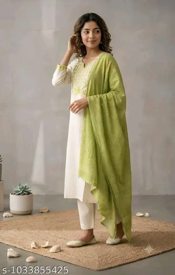 White_Straight_Kurta_Set_With_Green_Dupatta_for_Women