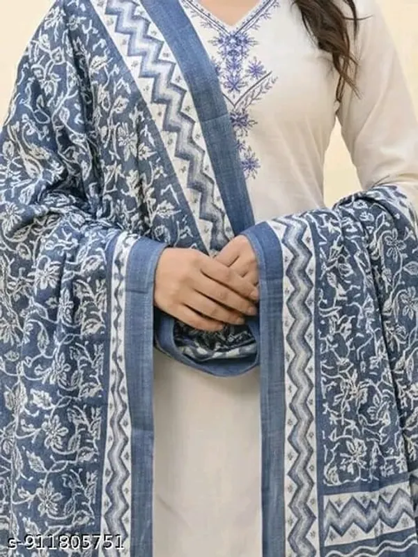 White_Embroidered_Kurta_Pant_Set_With_Blue_Dupatta_for_Women