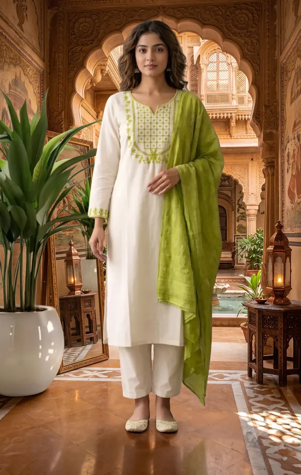 White_And_Green_Rayon_Slub_Geometric_Print_Kurta_Set_With_Dupatta_For_Women