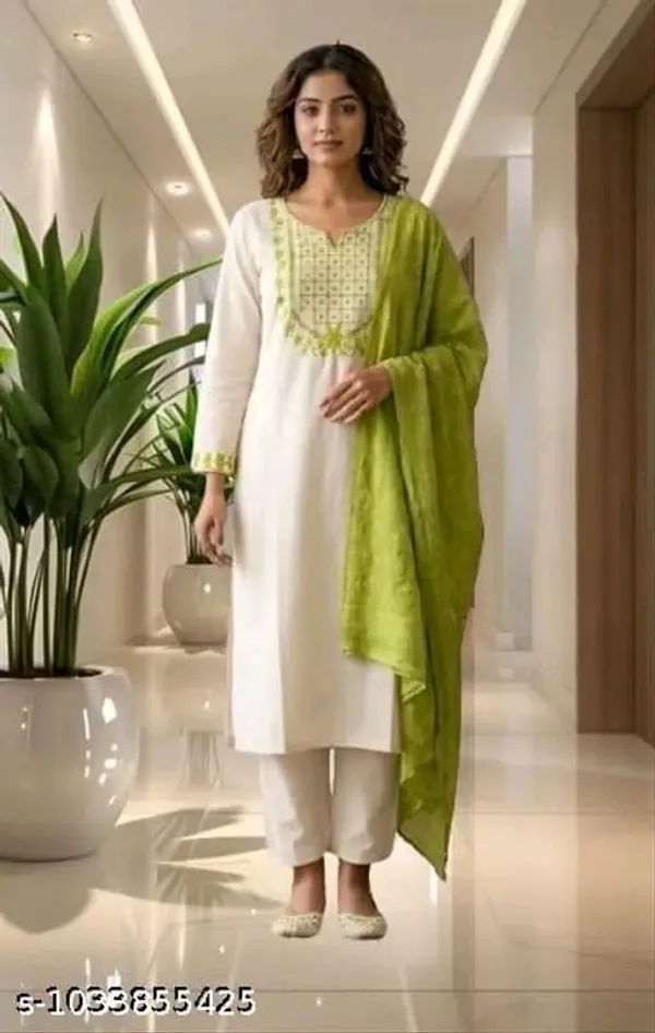 White_Straight_Kurta_Set_With_Green_Dupatta_for_Women