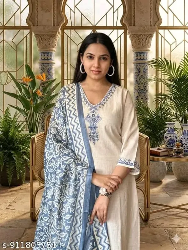 White_Embroidered_Kurta_Pant_Set_With_Blue_Dupatta_for_Women