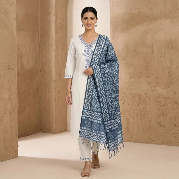 White_And_Blue_Cotton_Embroidered_Kurta_Pant_Set_With_Dupatta_For_Women