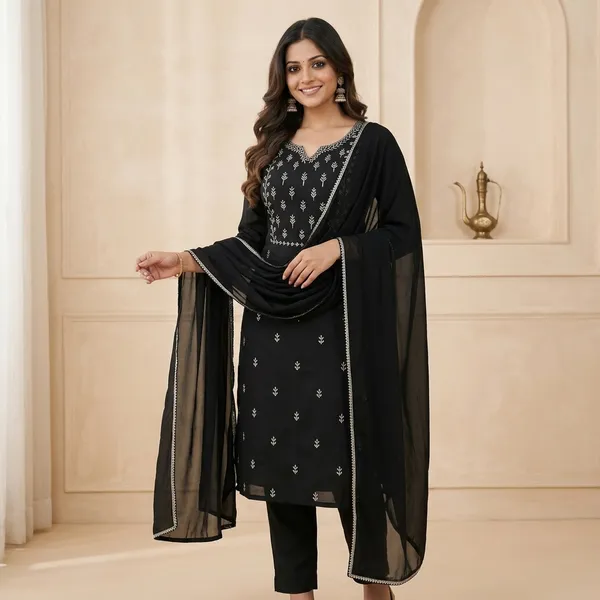 Black_Rayon_Slub_Embroidered_Kurta_Set_For_Women