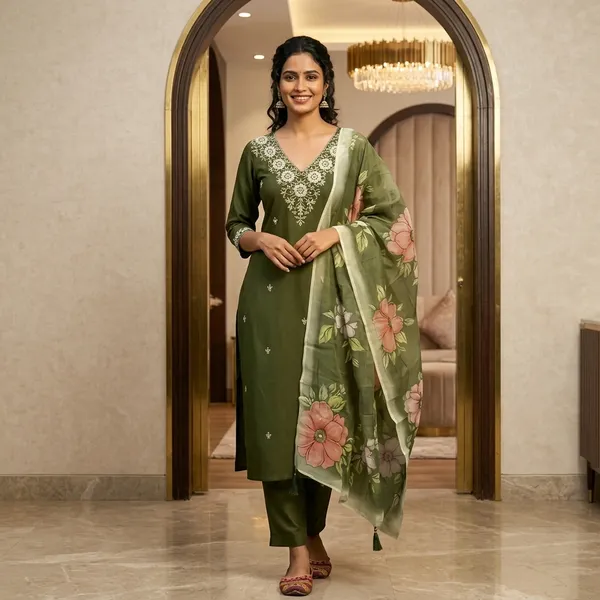 Olive_Green_Rayon_Slub_Embroidered_Kurta_Set_For_Women