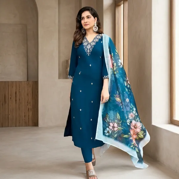 Teal_Rayon_Slub_Embroidered_Straight_Kurta_Set_For_Women