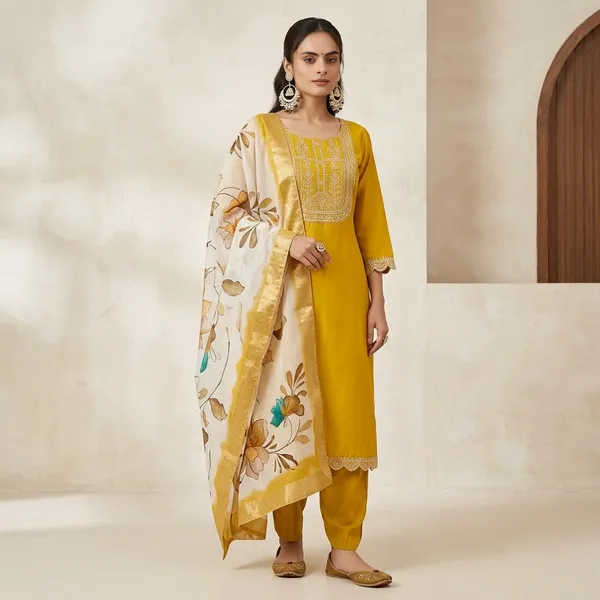 Yellow_Rayon_Slub_Embroidered_Kurta_Set_For_Women