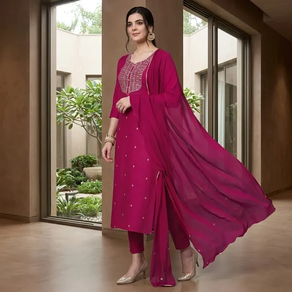 Magenta_Rayon_Slub_Embroidered_Kurta_Set_For_Women