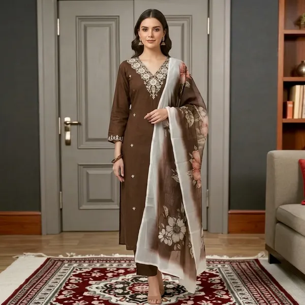 Brown_Rayon_Slub_Floral_Print_With_Embroidery_Kurta_Set_For_Women