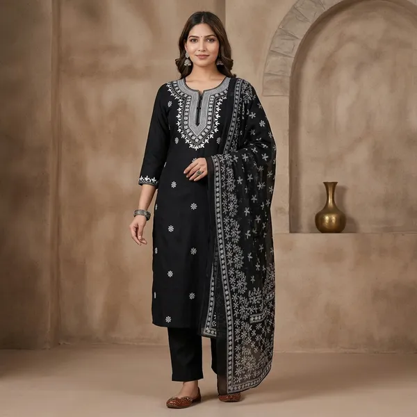Black_Rayon_Slub_Embroidered_Kurta_Set_For_Women