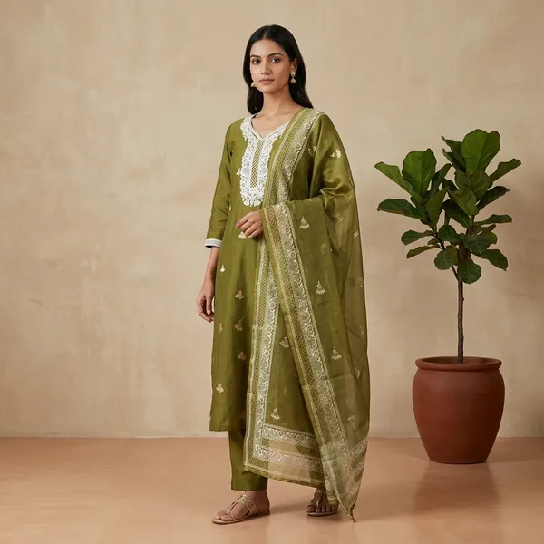 Olive_Green_Rayon_Slub_Embroidered_Kurta_Set_For_Women