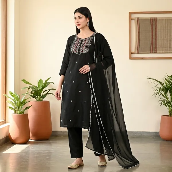 Black_Rayon_Slub_Embroidered_Kurta_Set_For_Women