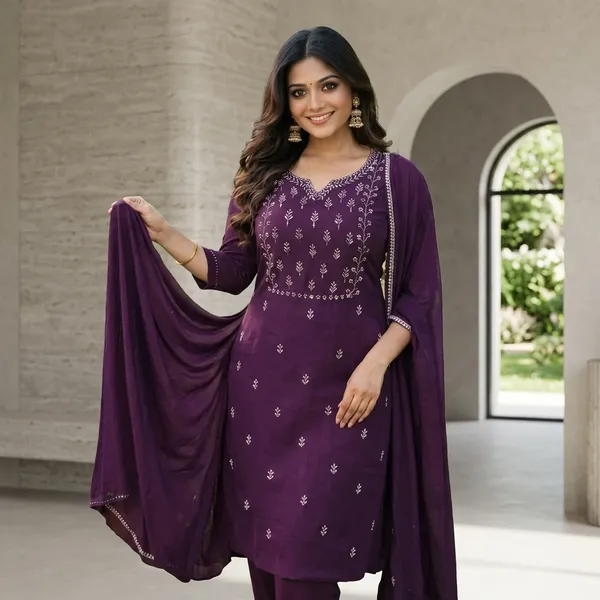 Wine_Rayon_Slub_Floral_Embellished_Kurta_Set_For_Women