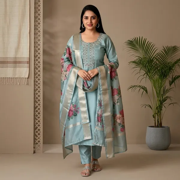 Blue_Rayon_Slub_Embroidered_With_Floral_Print_Kurta_Set_For_Women