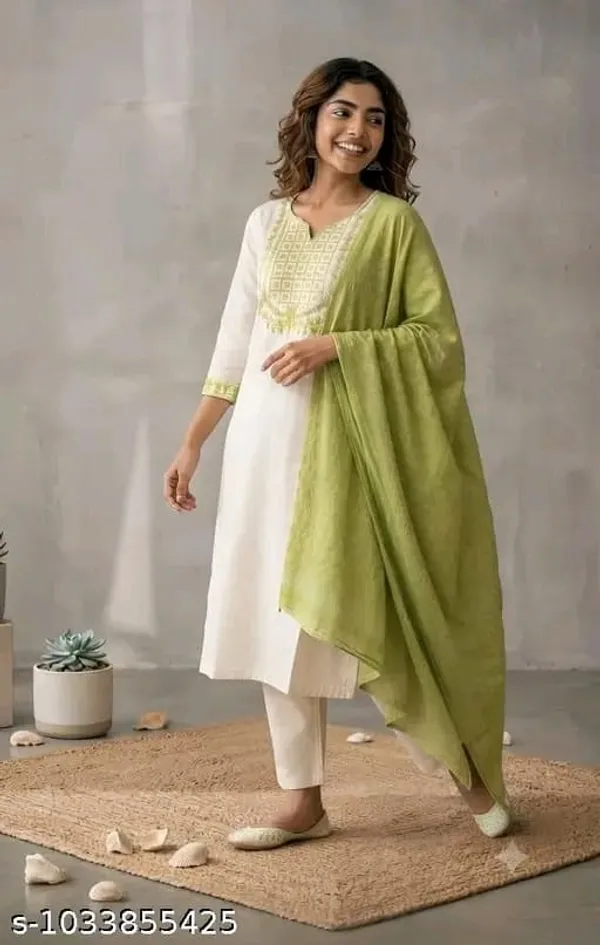 White_Straight_Kurta_Set_With_Green_Dupatta_for_Women