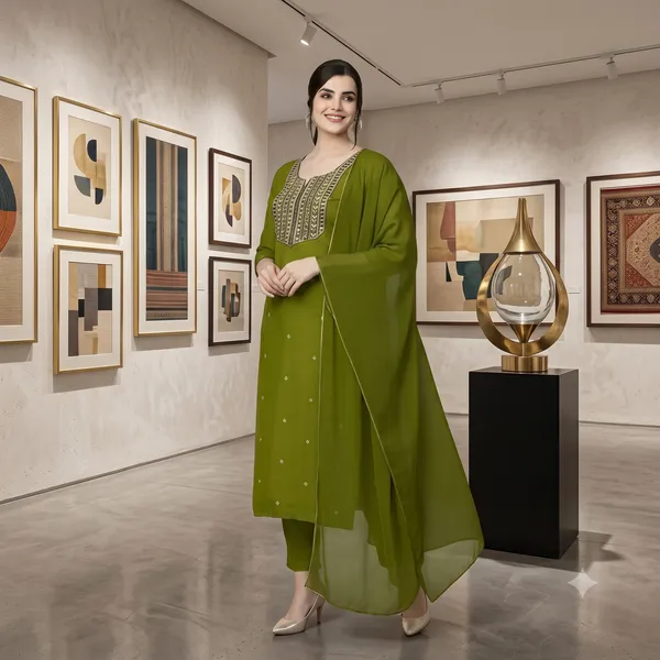 Green_Rayon_Slub_Embroidered_Straight_Kurta_Set_For_Women