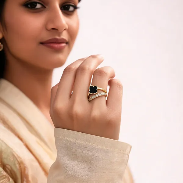 Gold_Black_Plated_Steel_Clover_Adjustable_Ring_For_Women