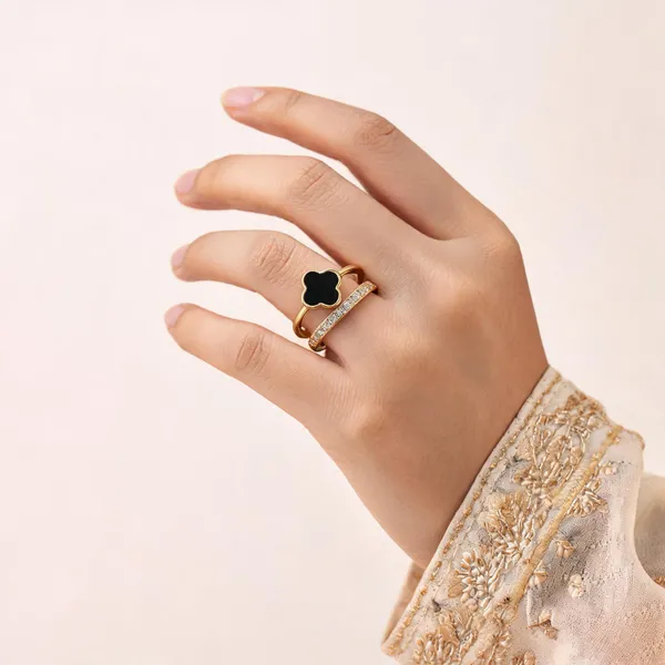 Gold_Black_Plated_Steel_Clover_Adjustable_Ring_For_Women