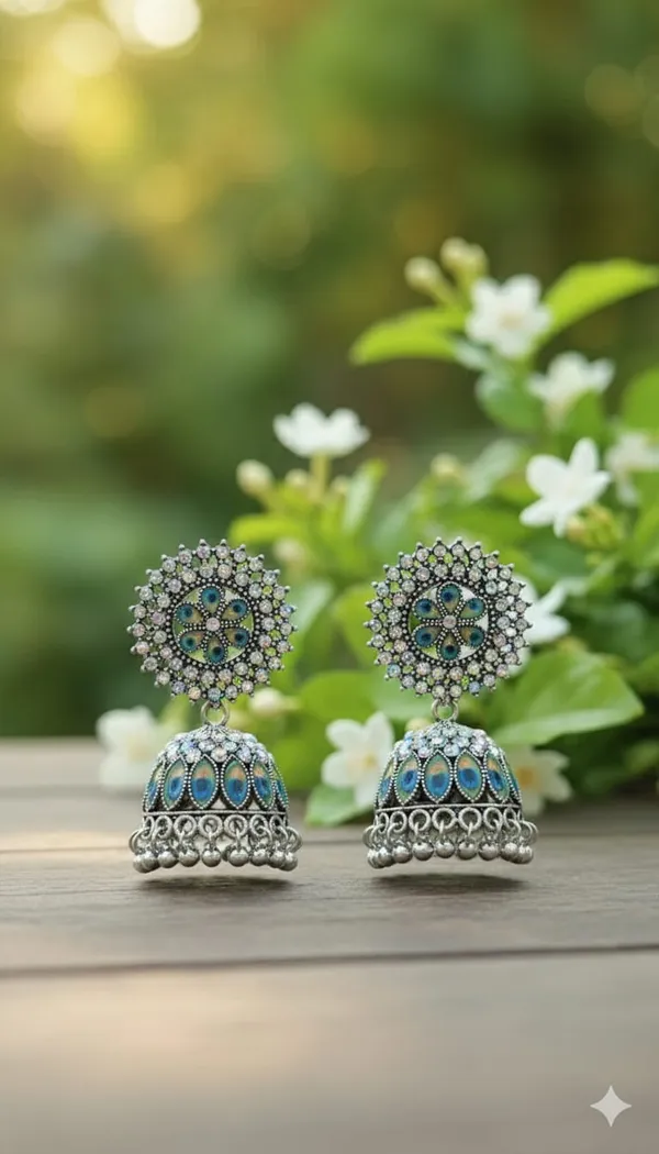 Peacock_Stone_Oxidised_Jhumka_Earrings