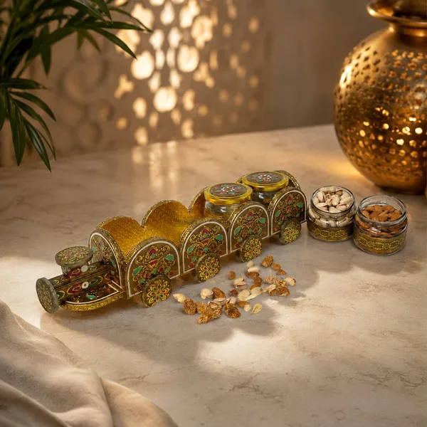 Metal_Traditional_Floral_4_jar_Train_Shaped_Storage_Box