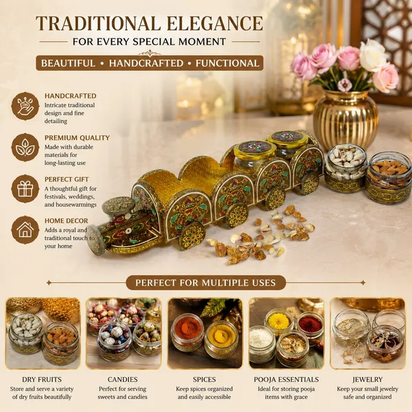 Metal_Traditional_Floral_4_jar_Train_Shaped_Storage_Box