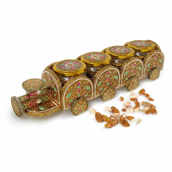 Metal_Traditional_Floral_4_jar_Train_Shaped_Storage_Box