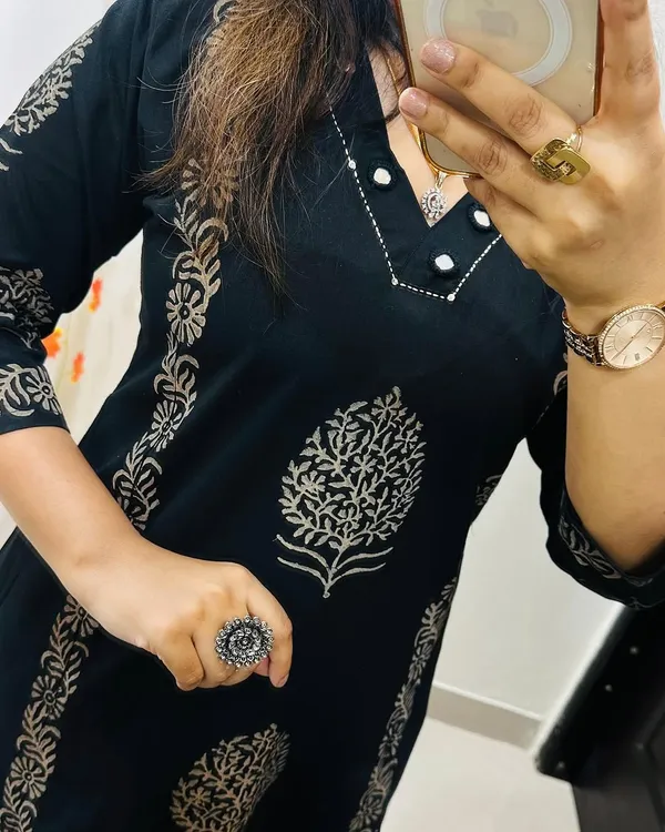 Midnight_Bloom_Handblock_Cotton_Kurti_Pant_Set