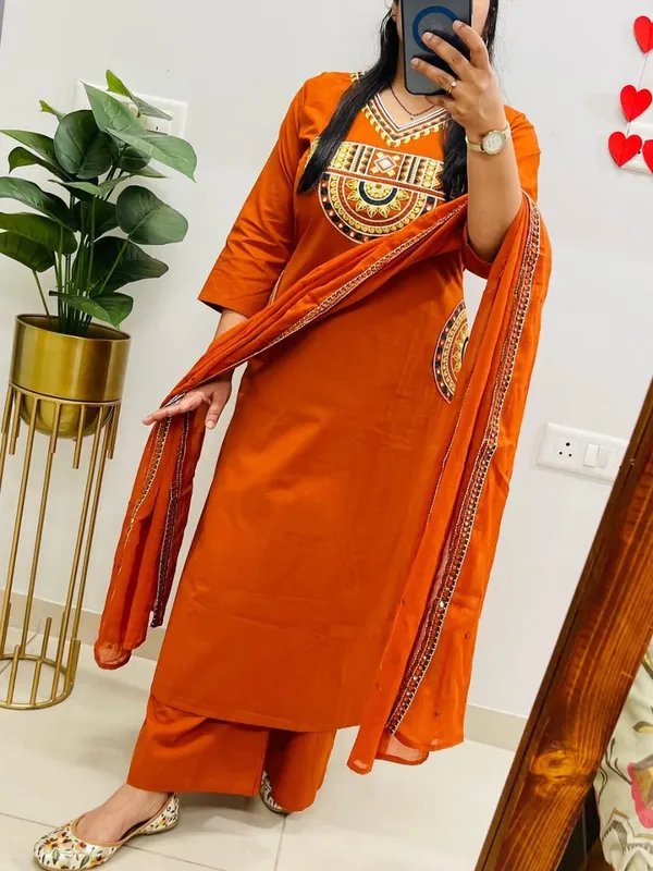 Rust_Royale_Embroidered_Cotton_Kurti_Pant_Dupatta_Set