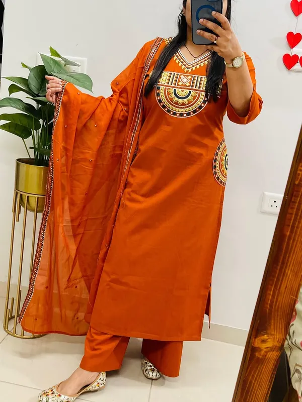 Rust_Royale_Embroidered_Cotton_Kurti_Pant_Dupatta_Set