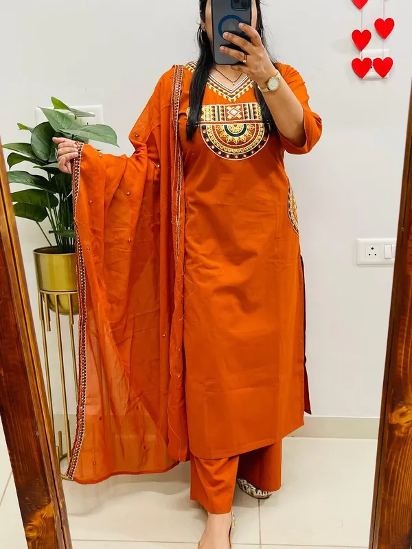 Rust_Royale_Embroidered_Cotton_Kurti_Pant_Dupatta_Set