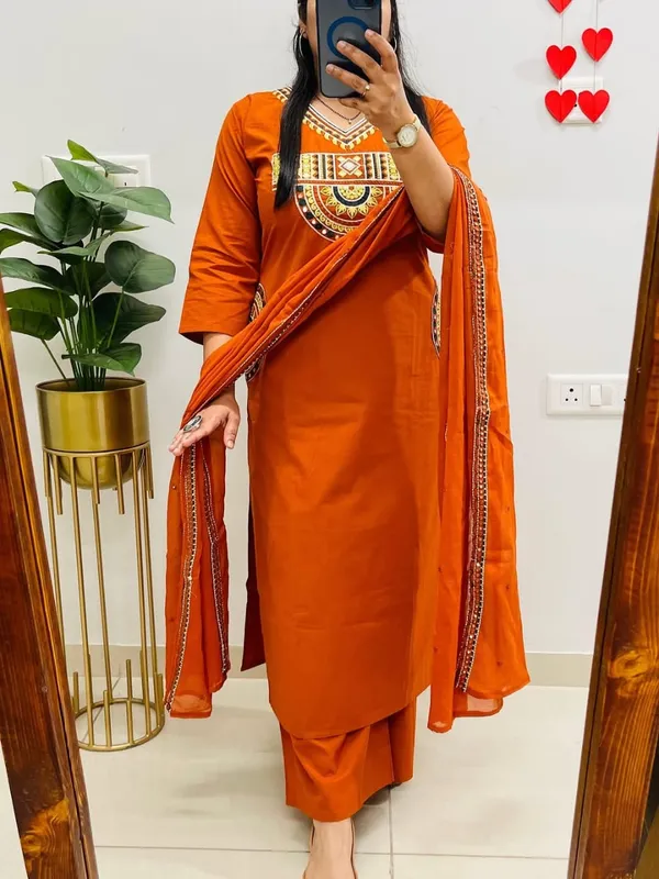 Rust_Royale_Embroidered_Cotton_Kurti_Pant_Dupatta_Set
