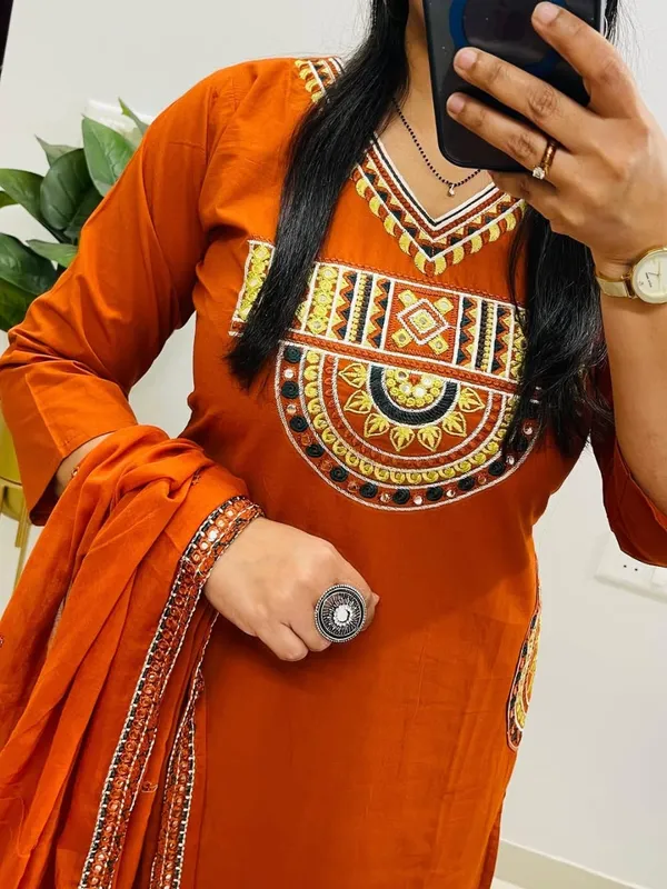 Rust_Royale_Embroidered_Cotton_Kurti_Pant_Dupatta_Set