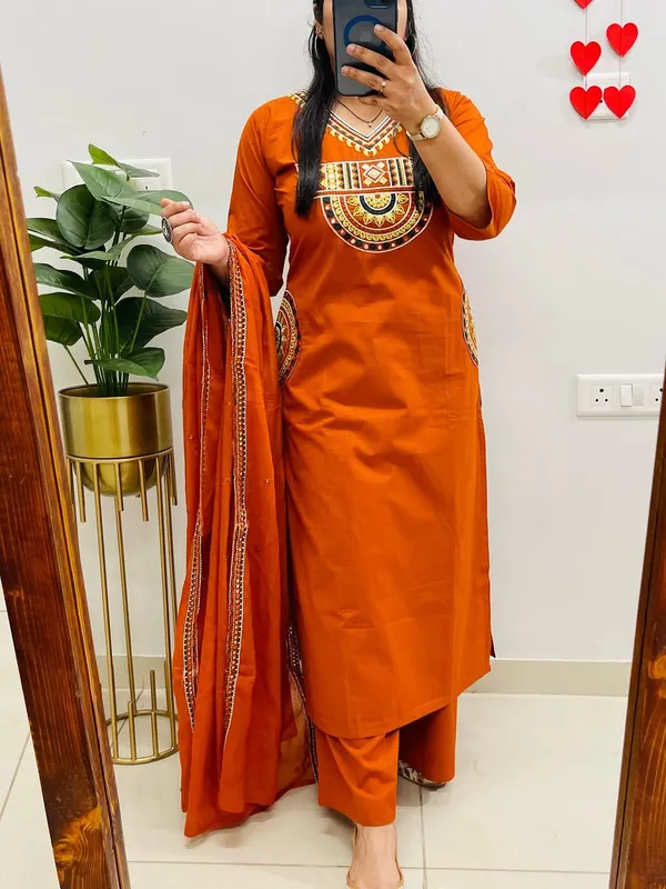Rust_Royale_Embroidered_Cotton_Kurti_Pant_Dupatta_Set