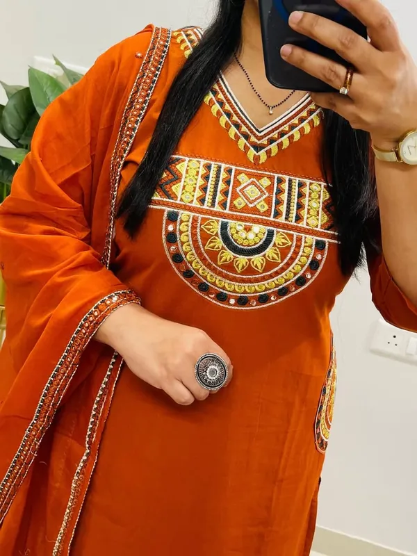 Rust_Royale_Embroidered_Cotton_Kurti_Pant_Dupatta_Set