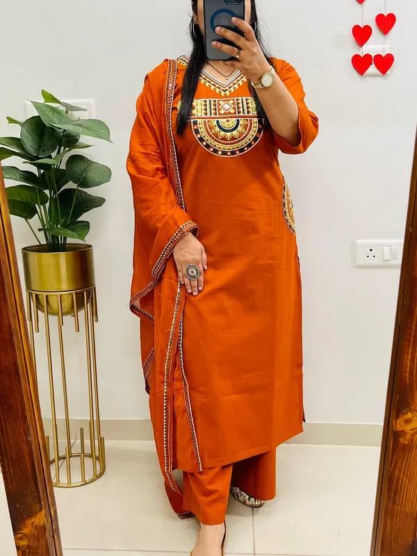 Rust_Royale_Embroidered_Cotton_Kurti_Pant_Dupatta_Set
