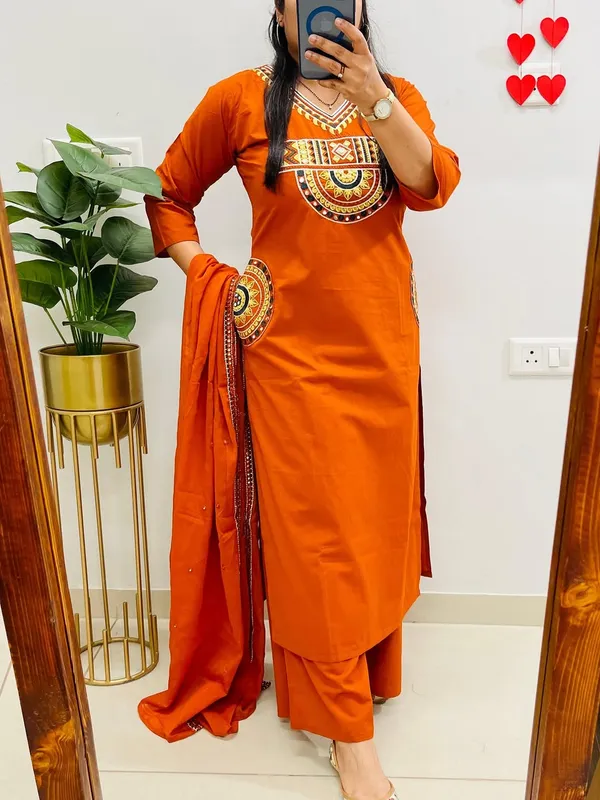 Rust_Royale_Embroidered_Cotton_Kurti_Pant_Dupatta_Set