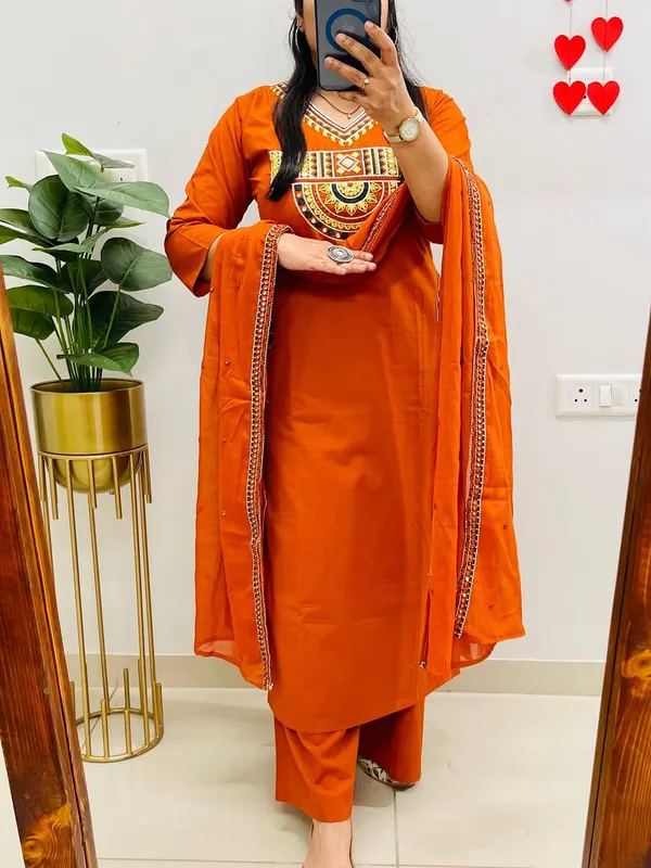 Rust_Royale_Embroidered_Cotton_Kurti_Pant_Dupatta_Set