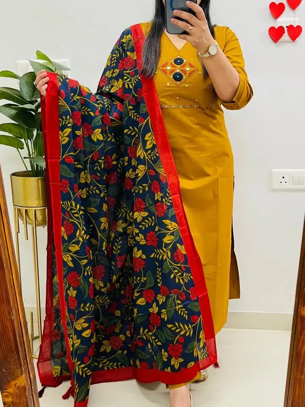 Premium_Dhabu_Cotton_Embroidered_Kurta_Pant_Set_With_Printed_Dupatta_For_Women