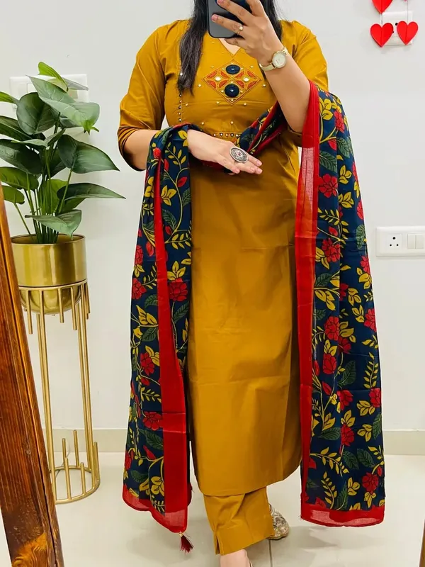Premium_Dhabu_Cotton_Embroidered_Kurta_Pant_Set_With_Printed_Dupatta_For_Women