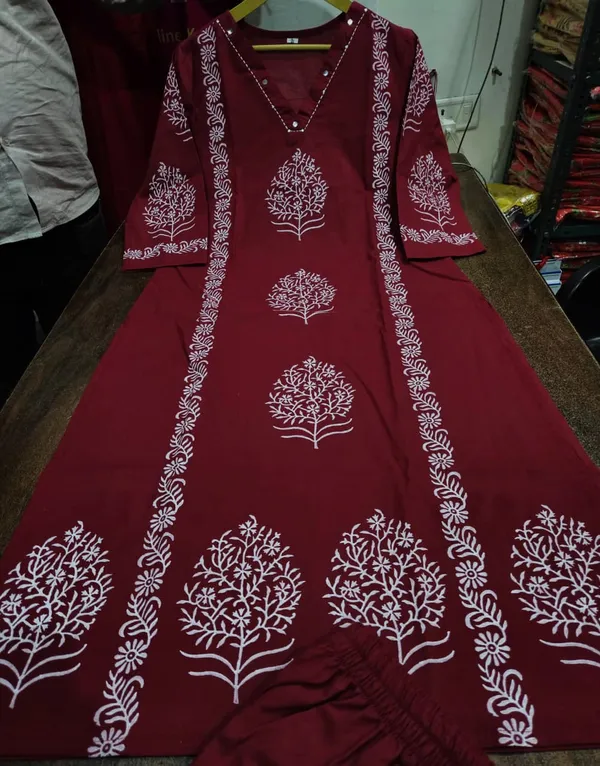 Maroon_Handblock_Cotton_Kurti_Pant_Set_With_Mirror_Sequin_Work