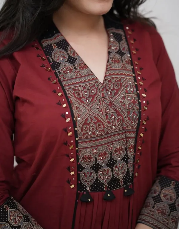 Maroon_Ruhani_Ajrakh_Embroidered_Kurta_Set