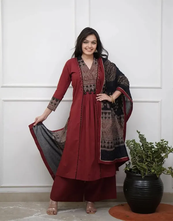 Maroon_Ruhani_Ajrakh_Embroidered_Kurta_Set